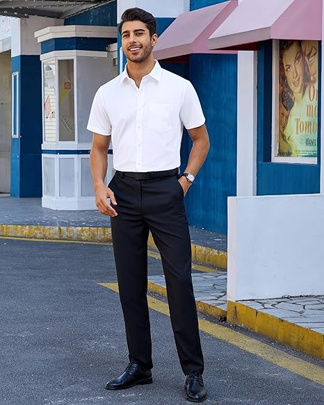 男款短袖正裝襯衫 一般版型彈力抗皺鈕扣襯衫